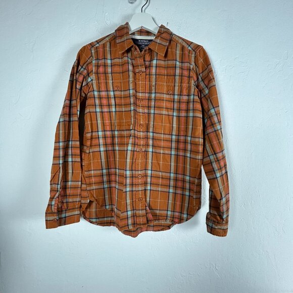 REI Co-Op Womens Orange Plaid Button-Up Shirt Small Cotton Long Sleeve Pockets - Picture 1 of 6